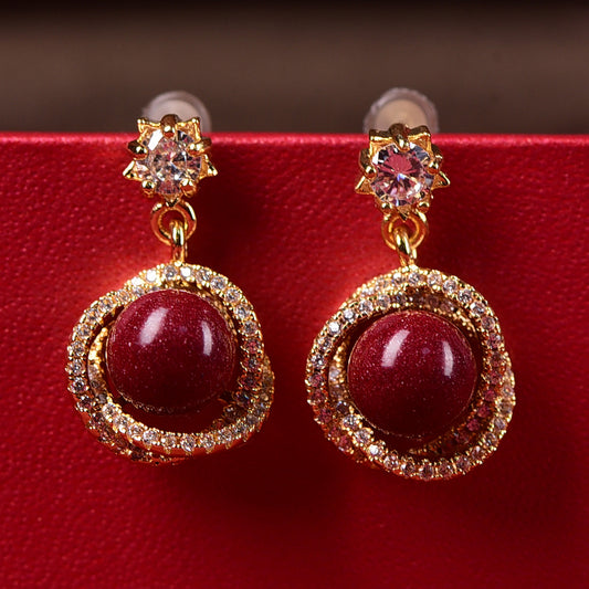 18K Gold Rotating Cinnabar Earrings - Zircon Snowflake Design, Symbol of Fortune & Radiance