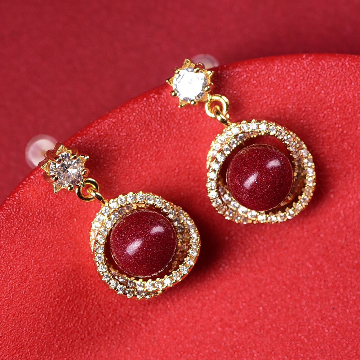 18K Gold Rotating Cinnabar Earrings - Zircon Snowflake Design, Symbol of Fortune & Radiance