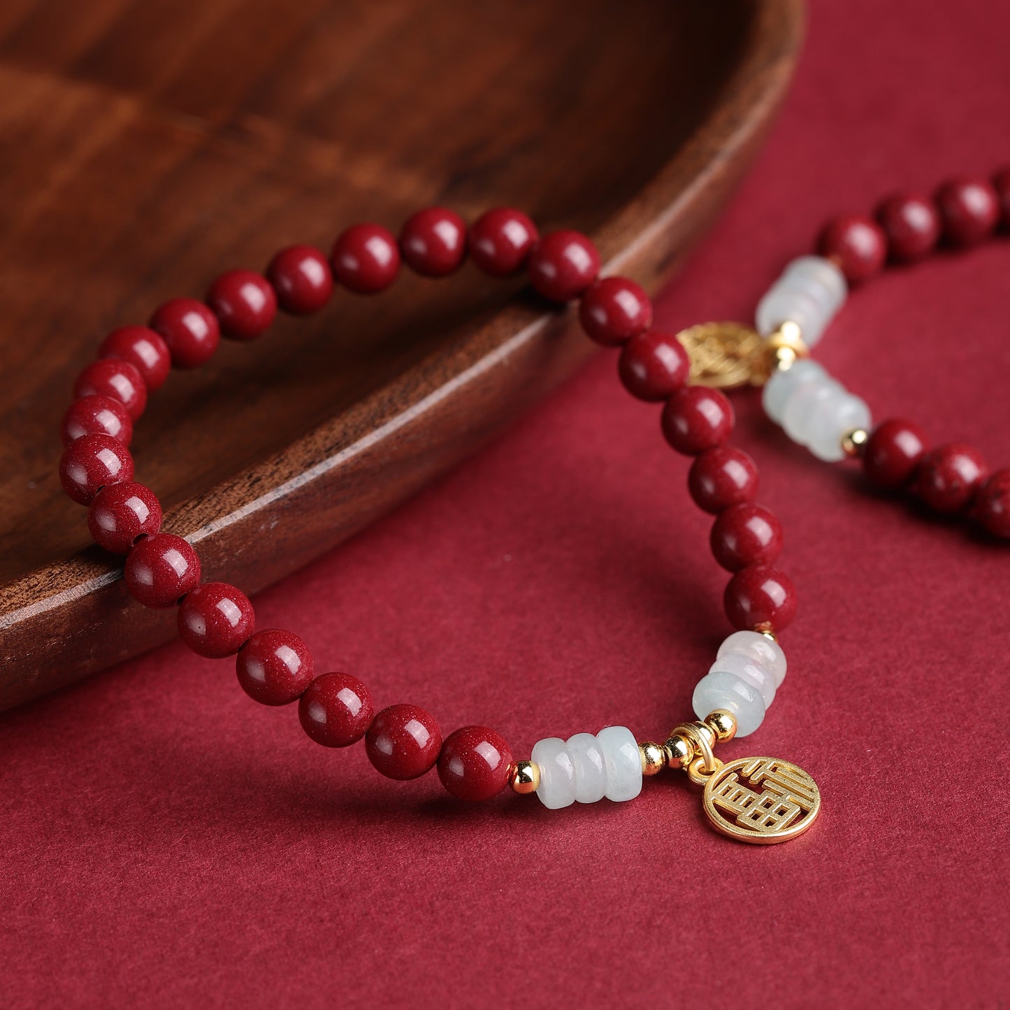 Handcrafted Red Cinnabar Bracelet with Jade Abacus Beads, Gold Fortune Charm & Prosperity Beads