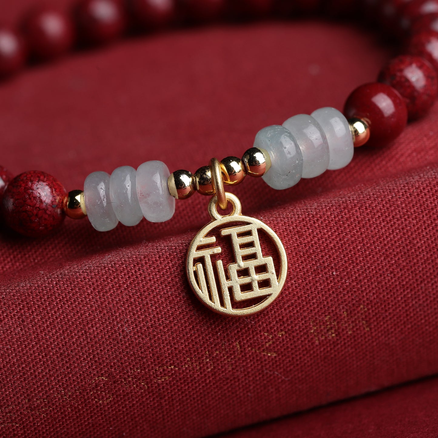 Handcrafted Red Cinnabar Bracelet with Jade Abacus Beads, Gold Fortune Charm & Prosperity Beads