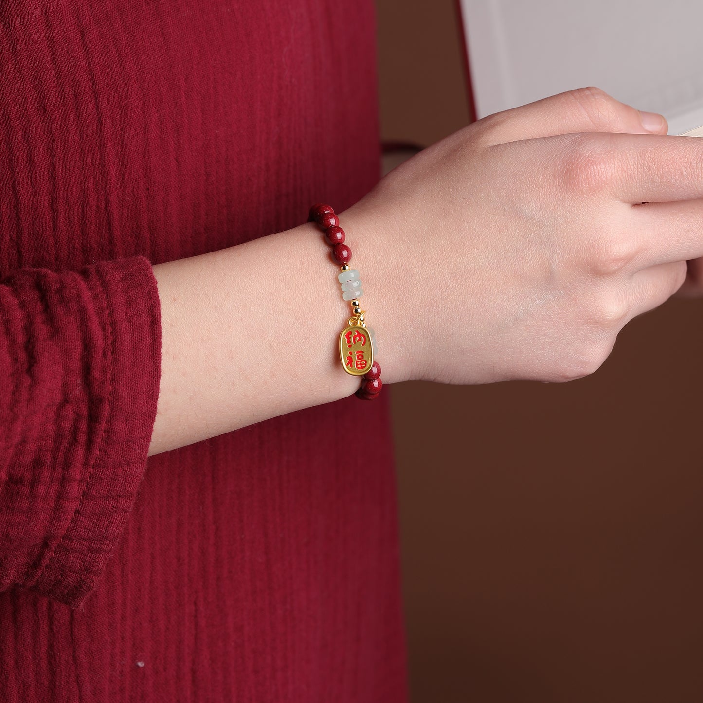 Handcrafted Red Cinnabar Bracelet with Jade Abacus Beads, Gold Fortune Charm & Prosperity Beads