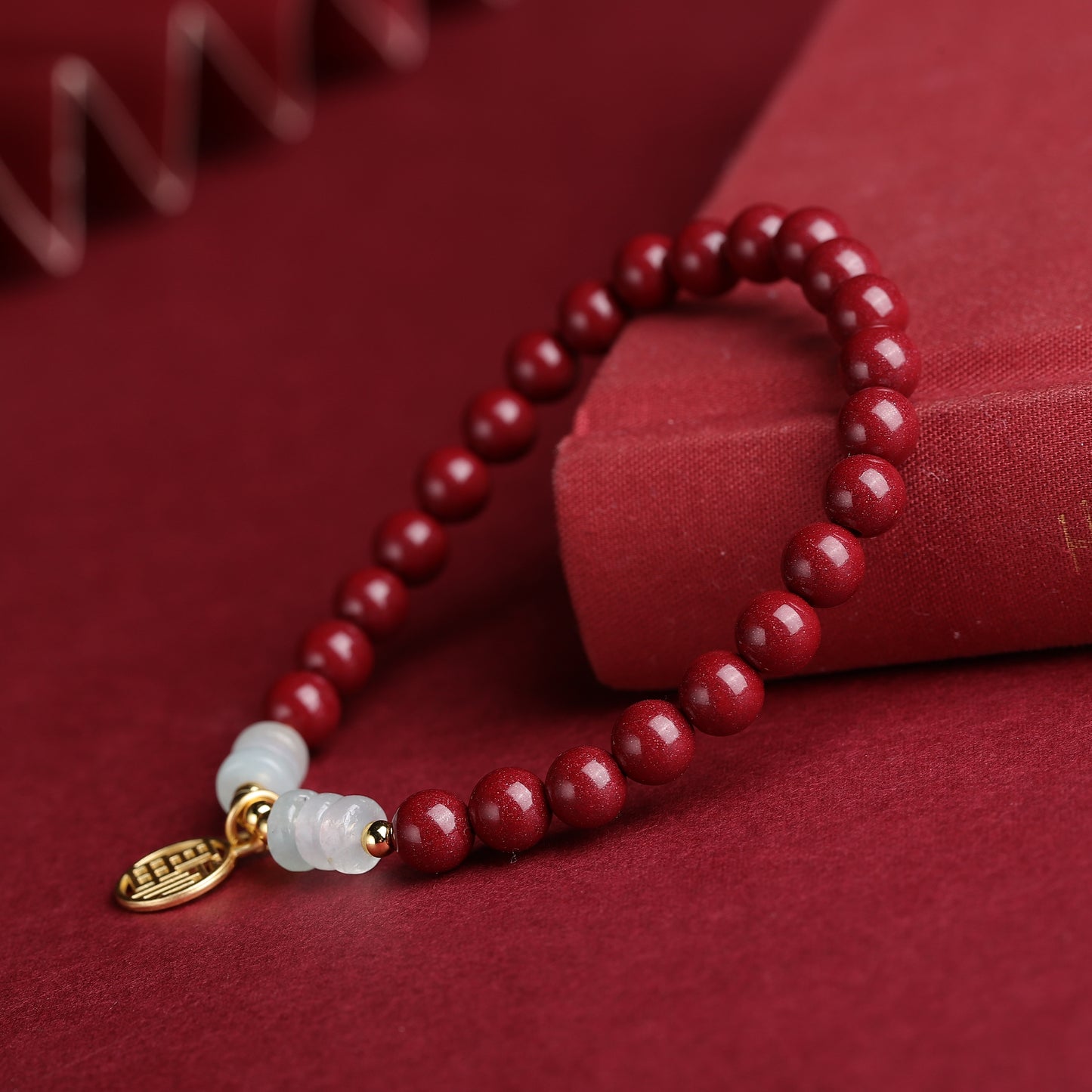 Handcrafted Red Cinnabar Bracelet with Jade Abacus Beads, Gold Fortune Charm & Prosperity Beads