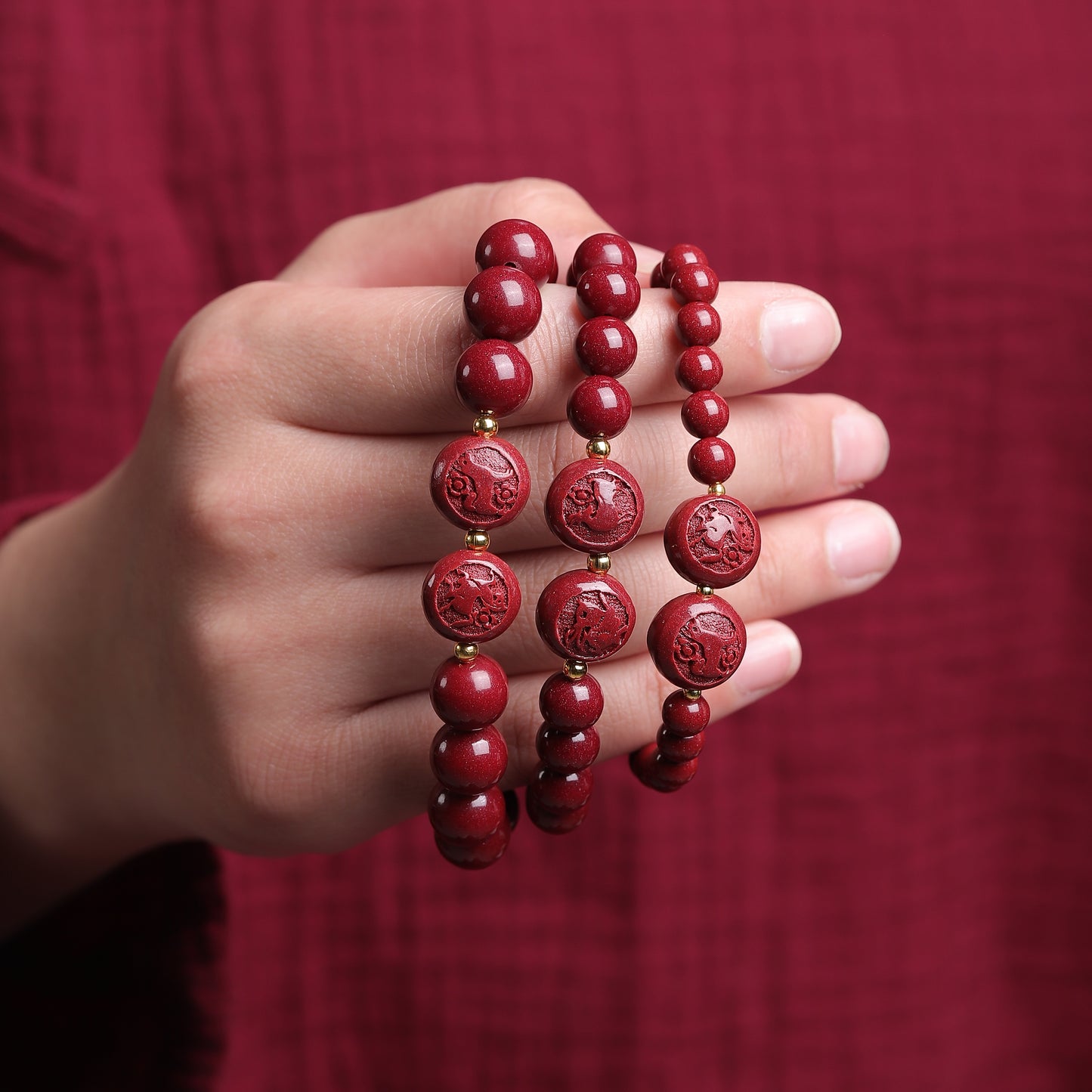 Red Cinnabar Bracelet with Zodiac Charms and Gold Beads – Luck & Protection