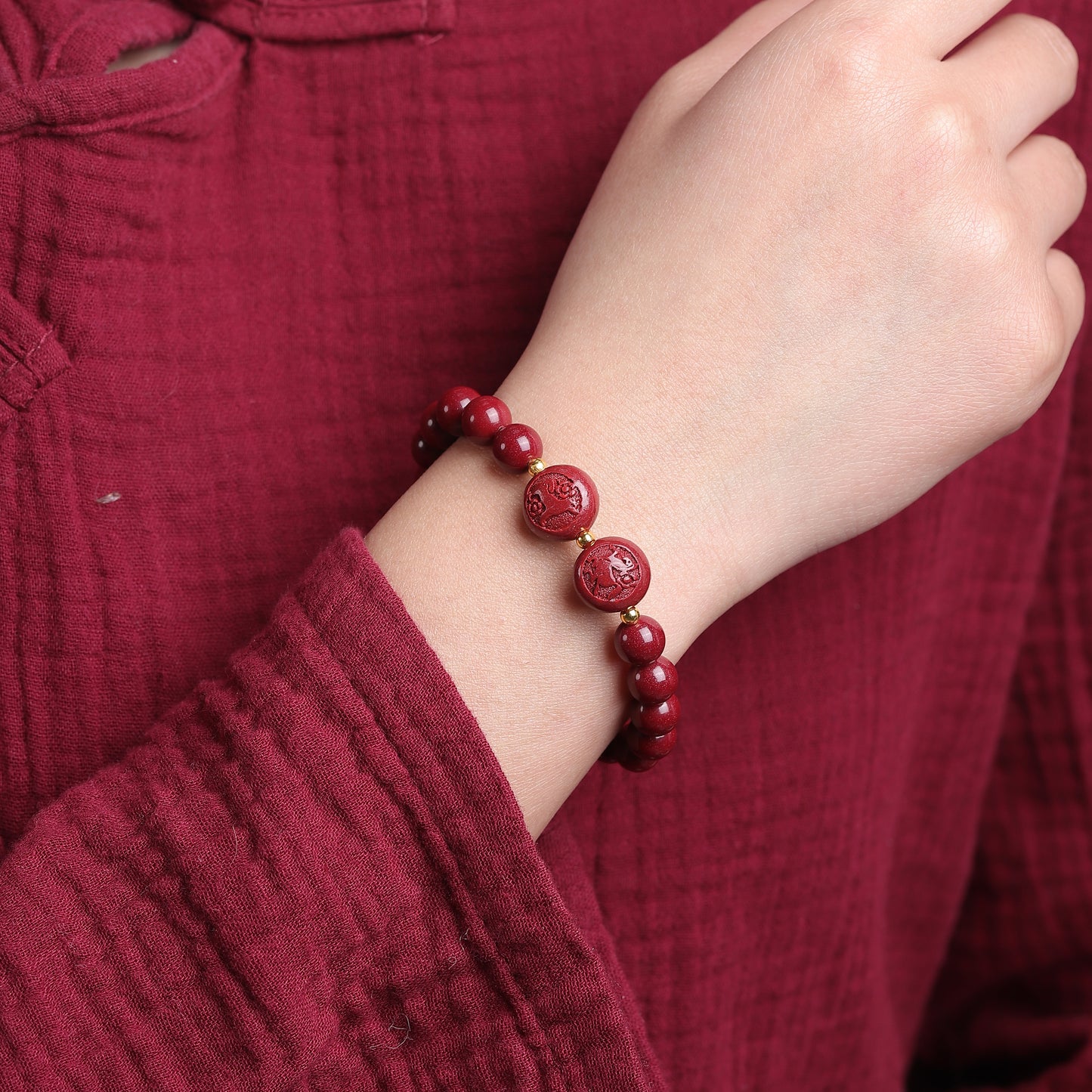 Red Cinnabar Bracelet with Zodiac Charms and Gold Beads – Luck & Protection