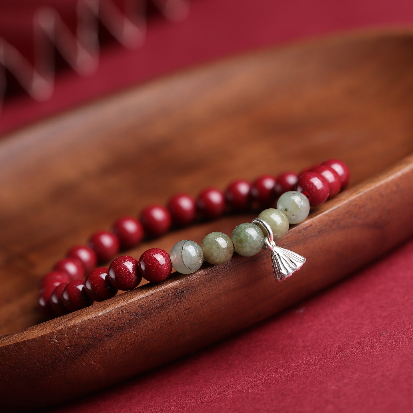 Red Cinnabar Bracelet with Green Jade Beads and Silver Lotus Charm – Symbol of Good Luck, Prosperity, and Serenity