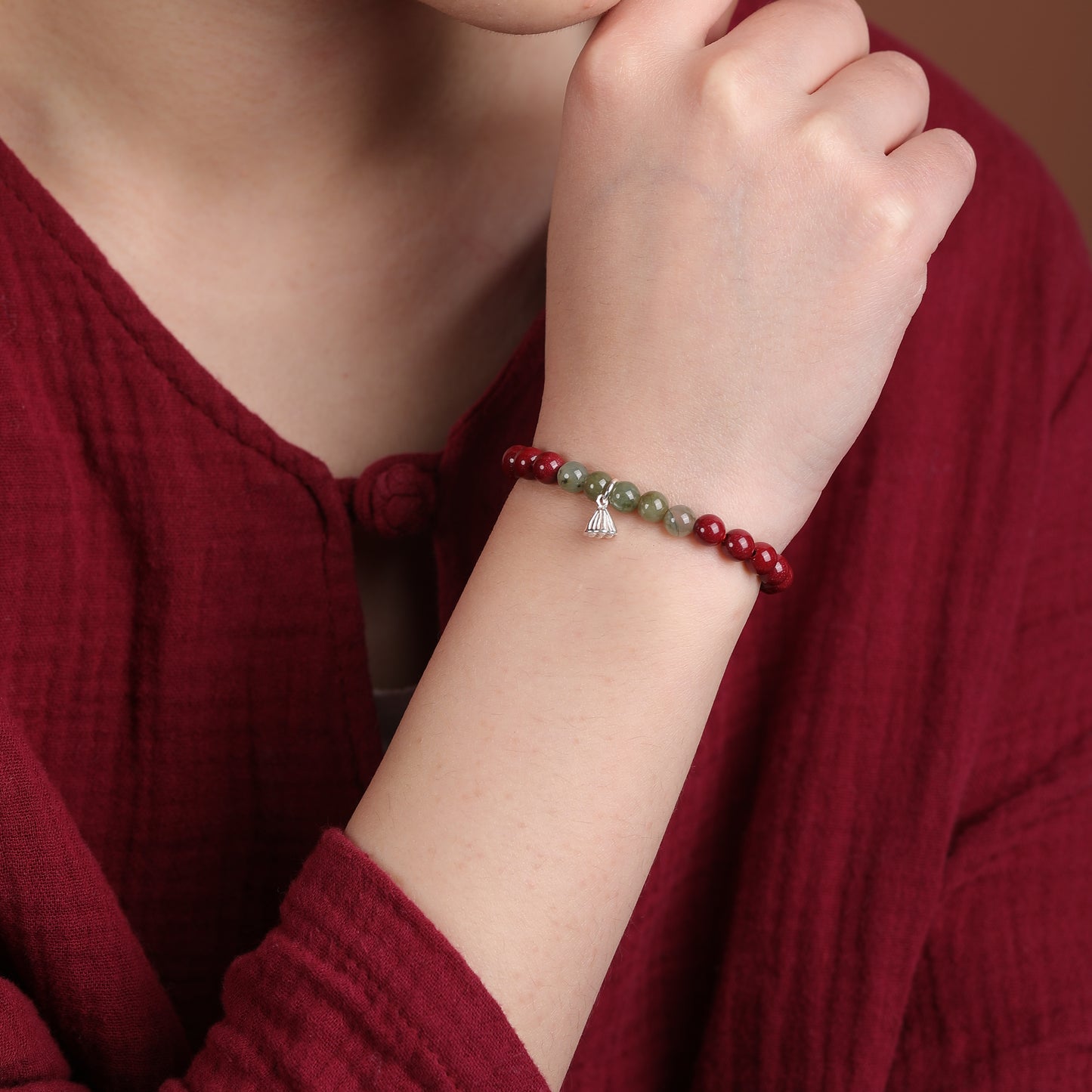 Red Cinnabar Bracelet with Green Jade Beads and Silver Lotus Charm – Symbol of Good Luck, Prosperity, and Serenity