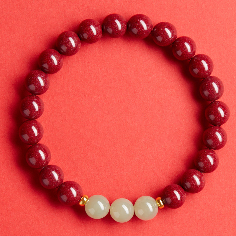 Cinnabar Bracelet with Jade Beads & Gold Fortune Charms - Good Luck, Protection, and Prosperity