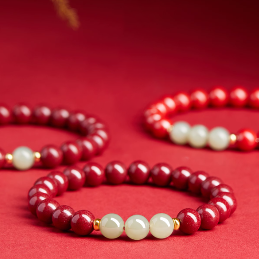 Cinnabar Bracelet with Jade Beads & Gold Fortune Charms - Good Luck, Protection, and Prosperity