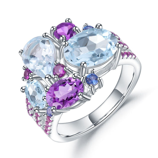 Designer! 925 sterling silver and natural gemstone luxury banquet luxury ring