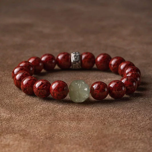 Cinnabar Crystal Bracelet with Carved Jade and Silver Lucky Beads – Luck, Protection, and Positive Energy