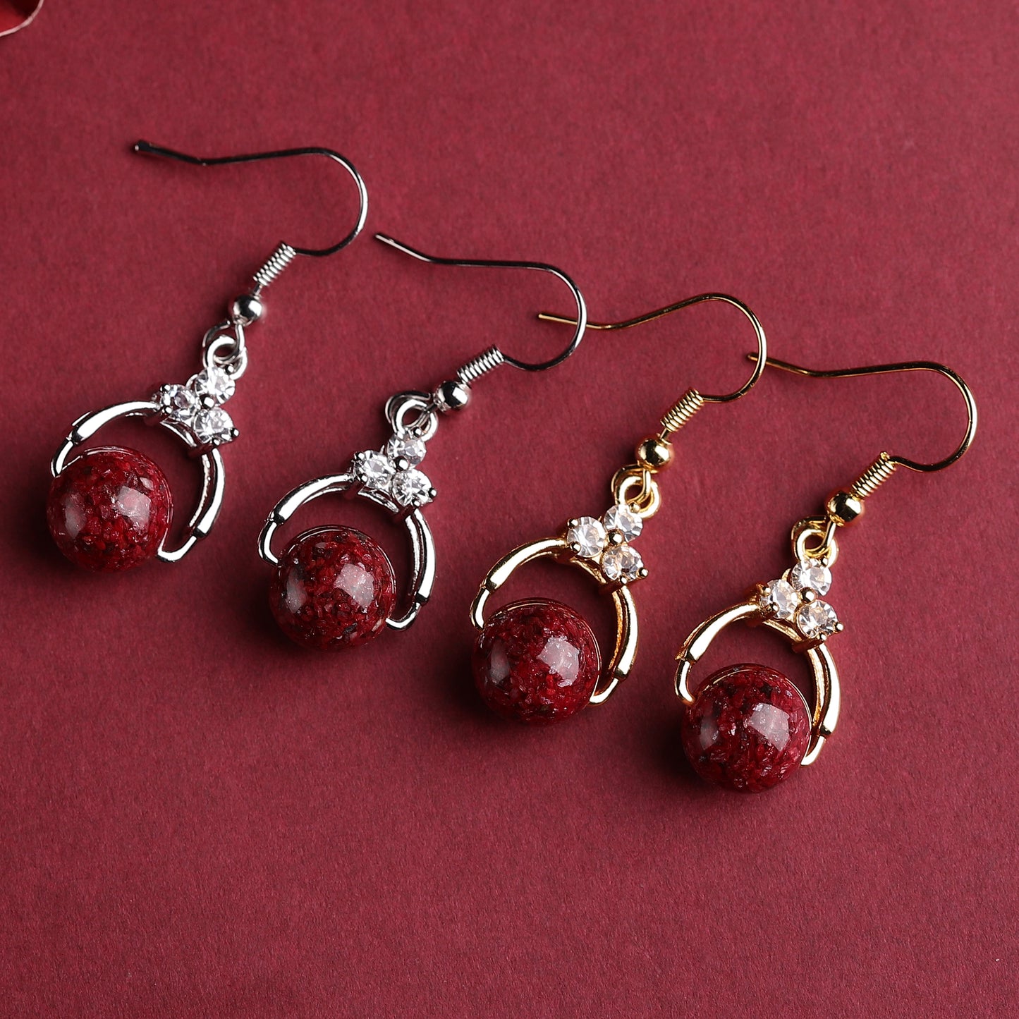 Rare Red Cinnabar Crystal Earrings - 925 Sterling Silver, Diamond Accents, A Symbol of Fortune & Elegance