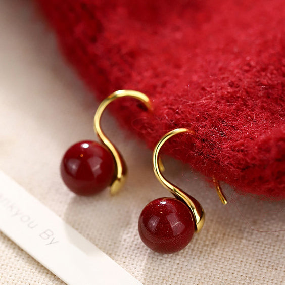 18K Gold Hook Cinnabar Earrings - Minimalist Elegance, Symbol of Peace & Good Fortune