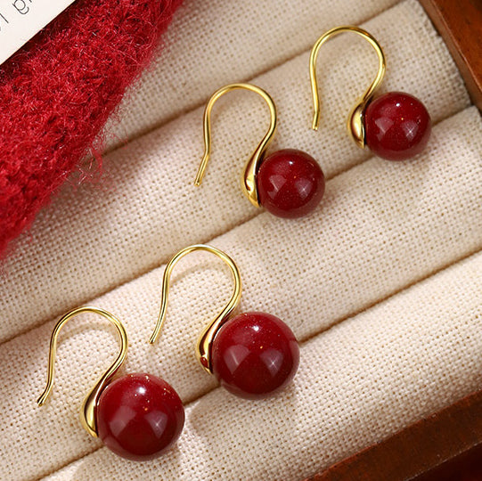 18K Gold Hook Cinnabar Earrings - Minimalist Elegance, Symbol of Peace & Good Fortune