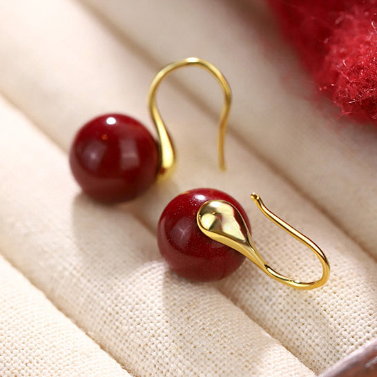 18K Gold Hook Cinnabar Earrings - Minimalist Elegance, Symbol of Peace & Good Fortune