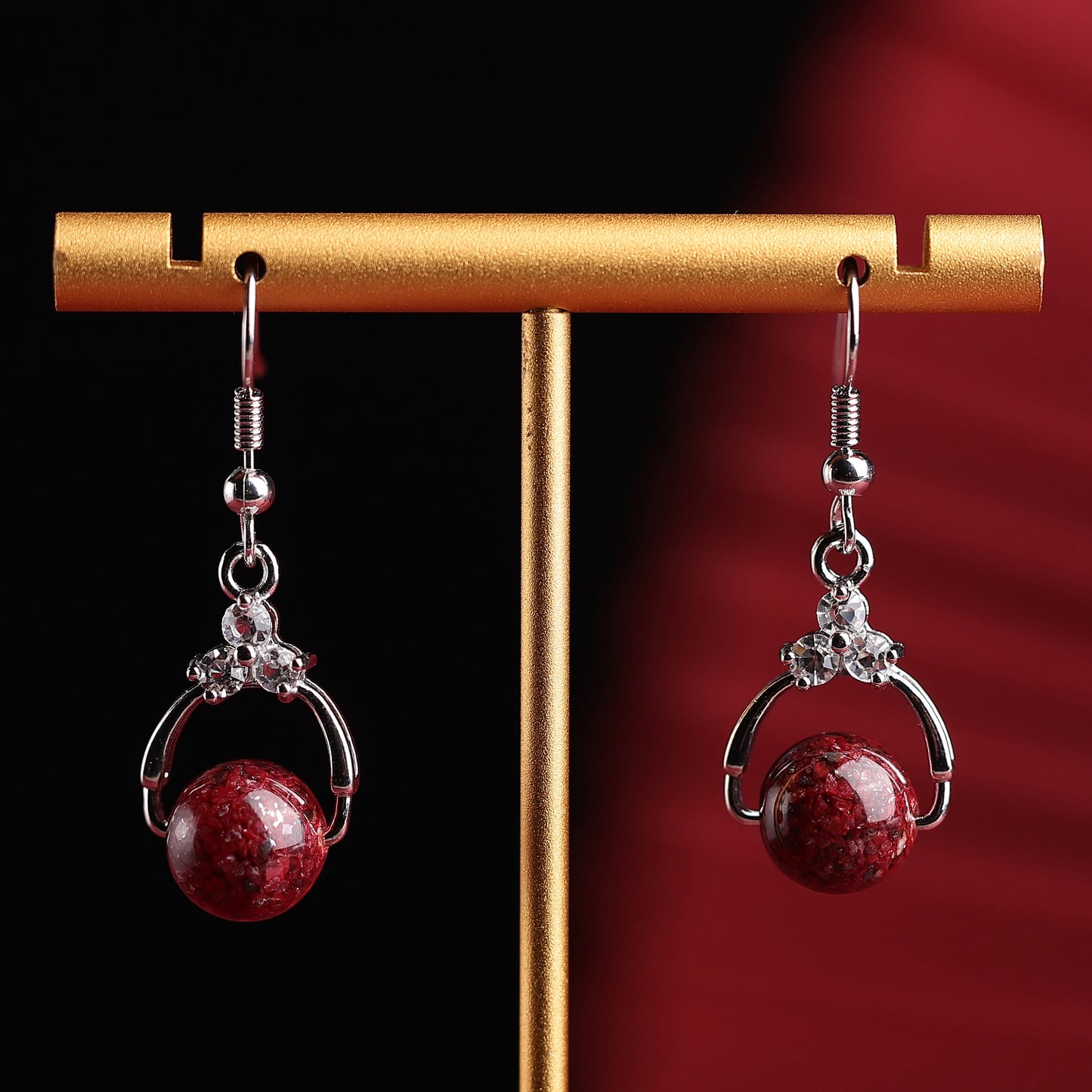 Rare Red Cinnabar Crystal Earrings - 925 Sterling Silver, Diamond Accents, A Symbol of Fortune & Elegance