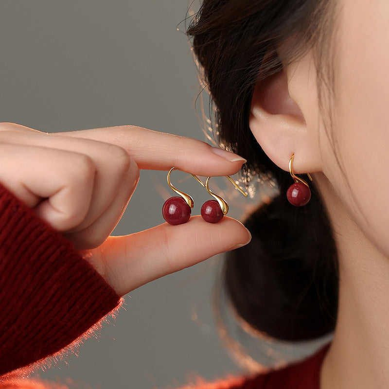 18K Gold Hook Cinnabar Earrings - Minimalist Elegance, Symbol of Peace & Good Fortune