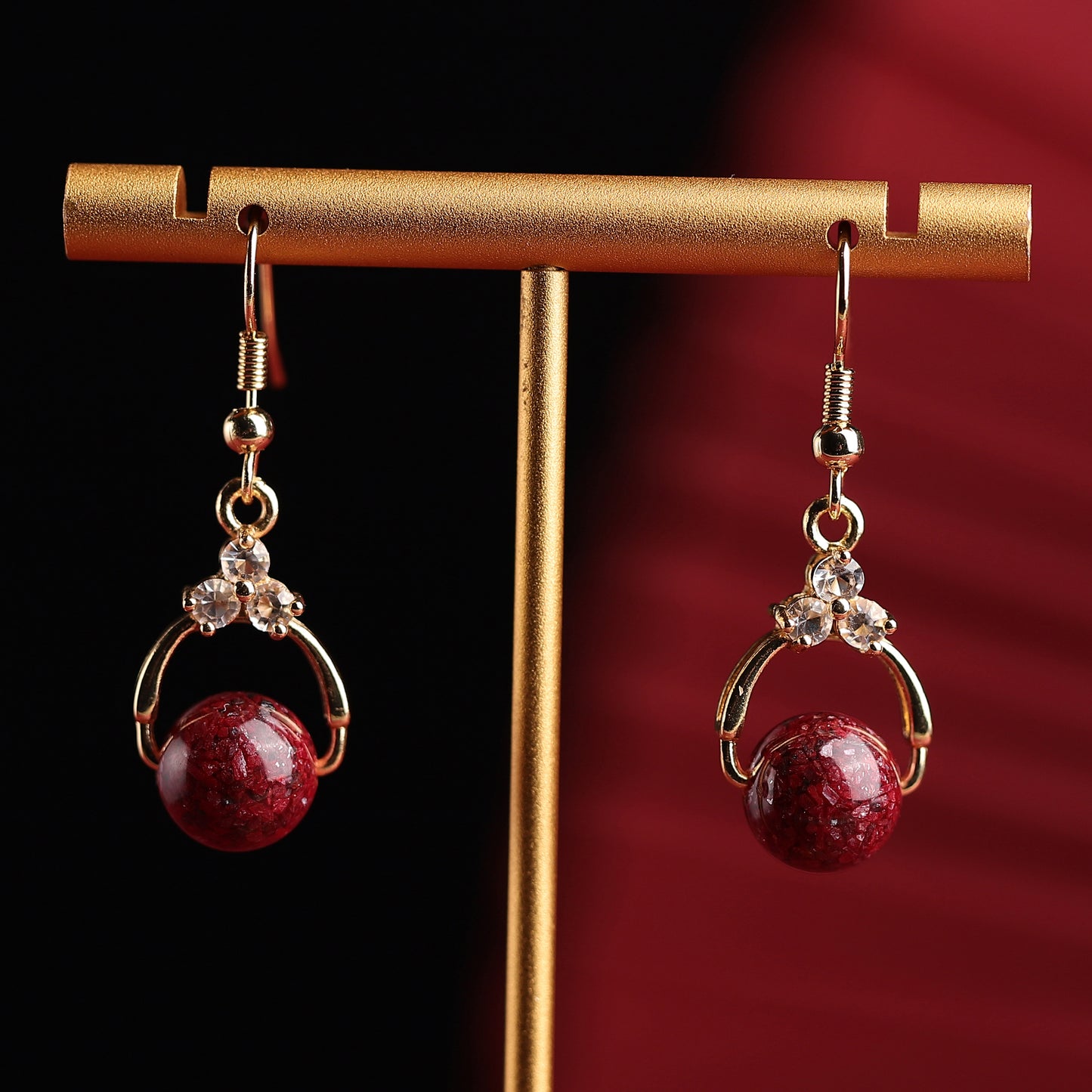 Rare Red Cinnabar Crystal Earrings - 925 Sterling Silver, Diamond Accents, A Symbol of Fortune & Elegance