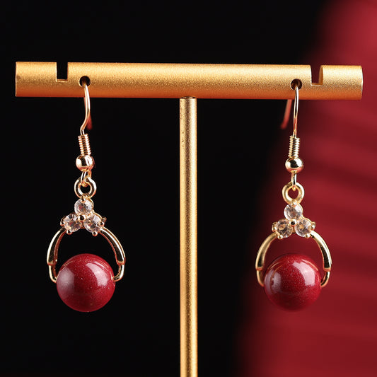 Natural Red Cinnabar Earrings - 925 Sterling Silver Hooks, Diamond Accents, Genuine Cinnabar Beads