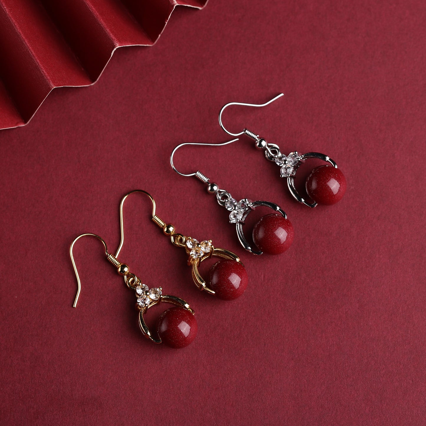 Natural Red Cinnabar Earrings - 925 Sterling Silver Hooks, Diamond Accents, Genuine Cinnabar Beads