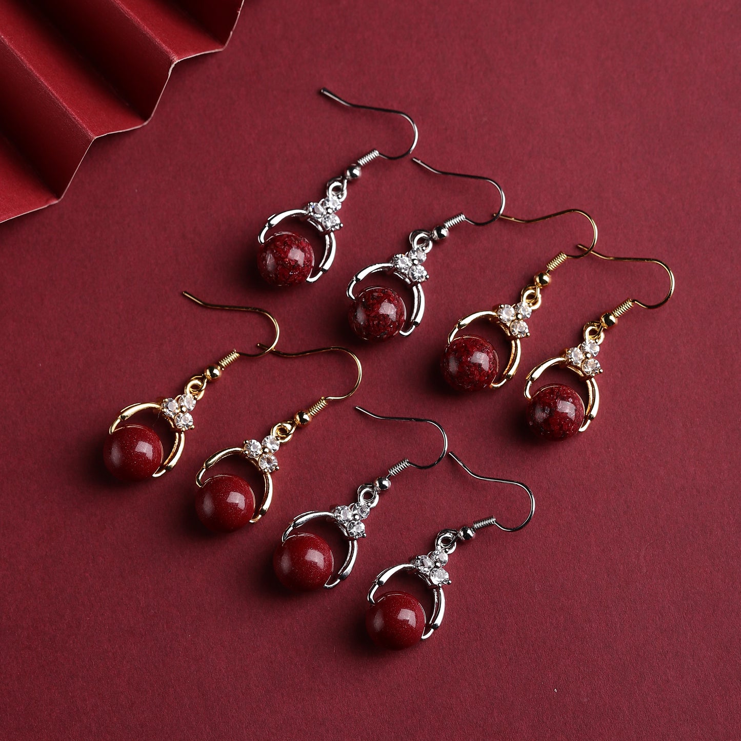 Natural Red Cinnabar Earrings - 925 Sterling Silver Hooks, Diamond Accents, Genuine Cinnabar Beads