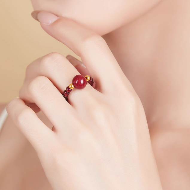 Cinnabar Fortune Bead Ring with Garnet and 14K Gold Accents – Luck, Protection, and Prosperity