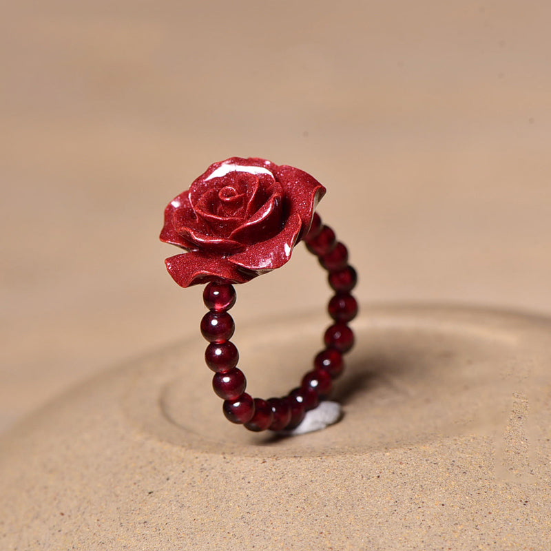 Adjustable Garnet and Cinnabar Rose Ring with 14K Gold Beads – Luck, Protection, and Loyalty