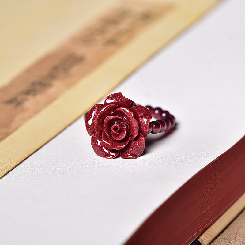 Adjustable Garnet and Cinnabar Rose Ring with 14K Gold Beads – Luck, Protection, and Loyalty