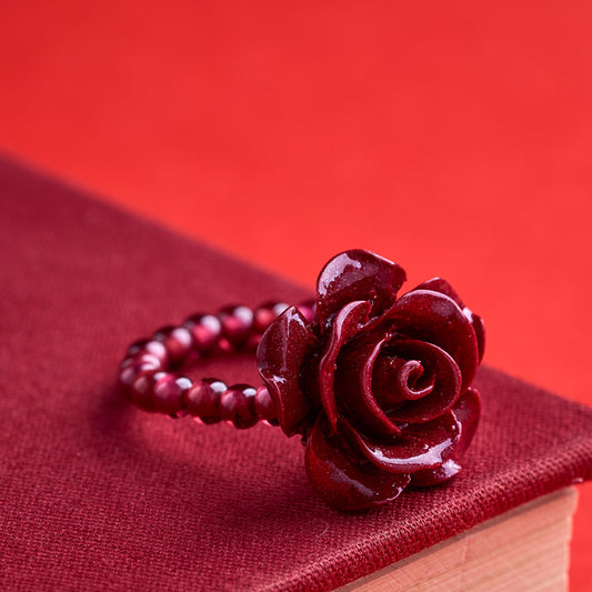 Adjustable Garnet and Cinnabar Rose Ring with 14K Gold Beads – Luck, Protection, and Loyalty