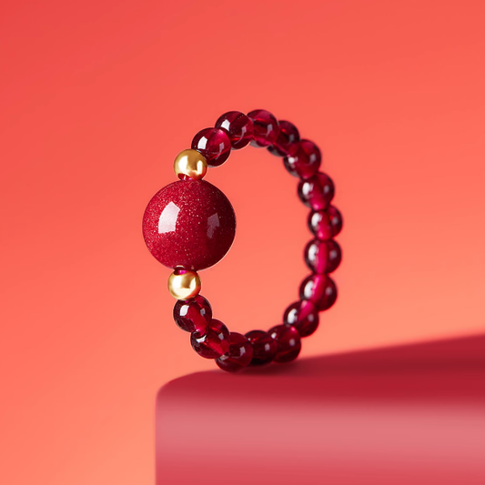 Cinnabar Fortune Bead Ring with Garnet and 14K Gold Accents – Luck, Protection, and Prosperity