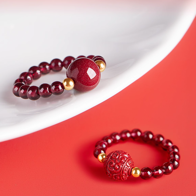 Cinnabar Fortune Bead Ring with Garnet and 14K Gold Accents – Luck, Protection, and Prosperity