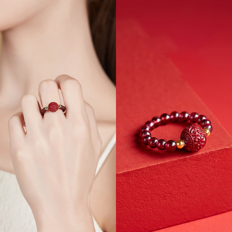 Cinnabar Greek Key Bead Ring with Garnet and 14K Gold Accents – Fortune, Protection, and Loyalty