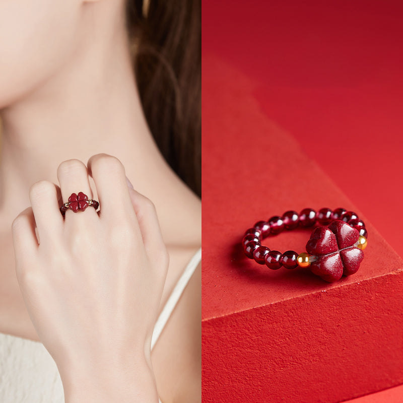 Cinnabar Four-Leaf Clover Ring with Garnet and 14K Gold Accents – Luck, Prosperity, and Devotion