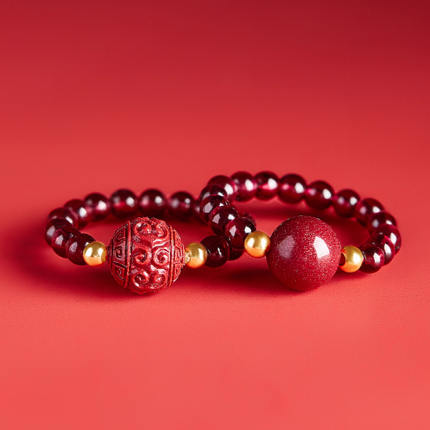 Cinnabar Greek Key Bead Ring with Garnet and 14K Gold Accents – Fortune, Protection, and Loyalty