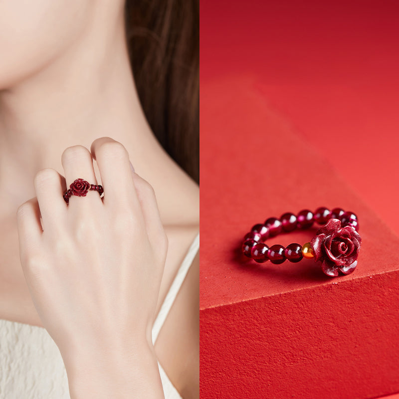 Adjustable Garnet and Cinnabar Rose Ring with 14K Gold Beads – Luck, Protection, and Loyalty