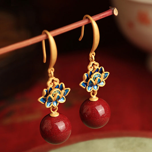 14K Gold Lotus Cinnabar Earrings - Enamel Design, Genuine Cinnabar Beads, Symbol of Peace & Serenity