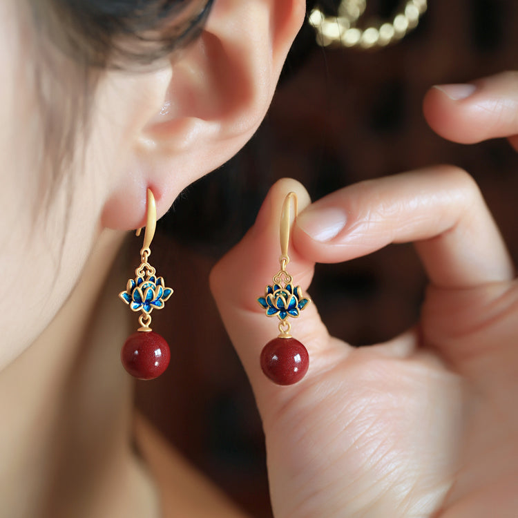 14K Gold Lotus Cinnabar Earrings - Enamel Design, Genuine Cinnabar Beads, Symbol of Peace & Serenity