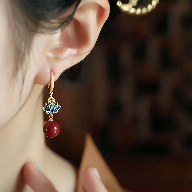 14K Gold Lotus Cinnabar Earrings - Enamel Design, Genuine Cinnabar Beads, Symbol of Peace & Serenity