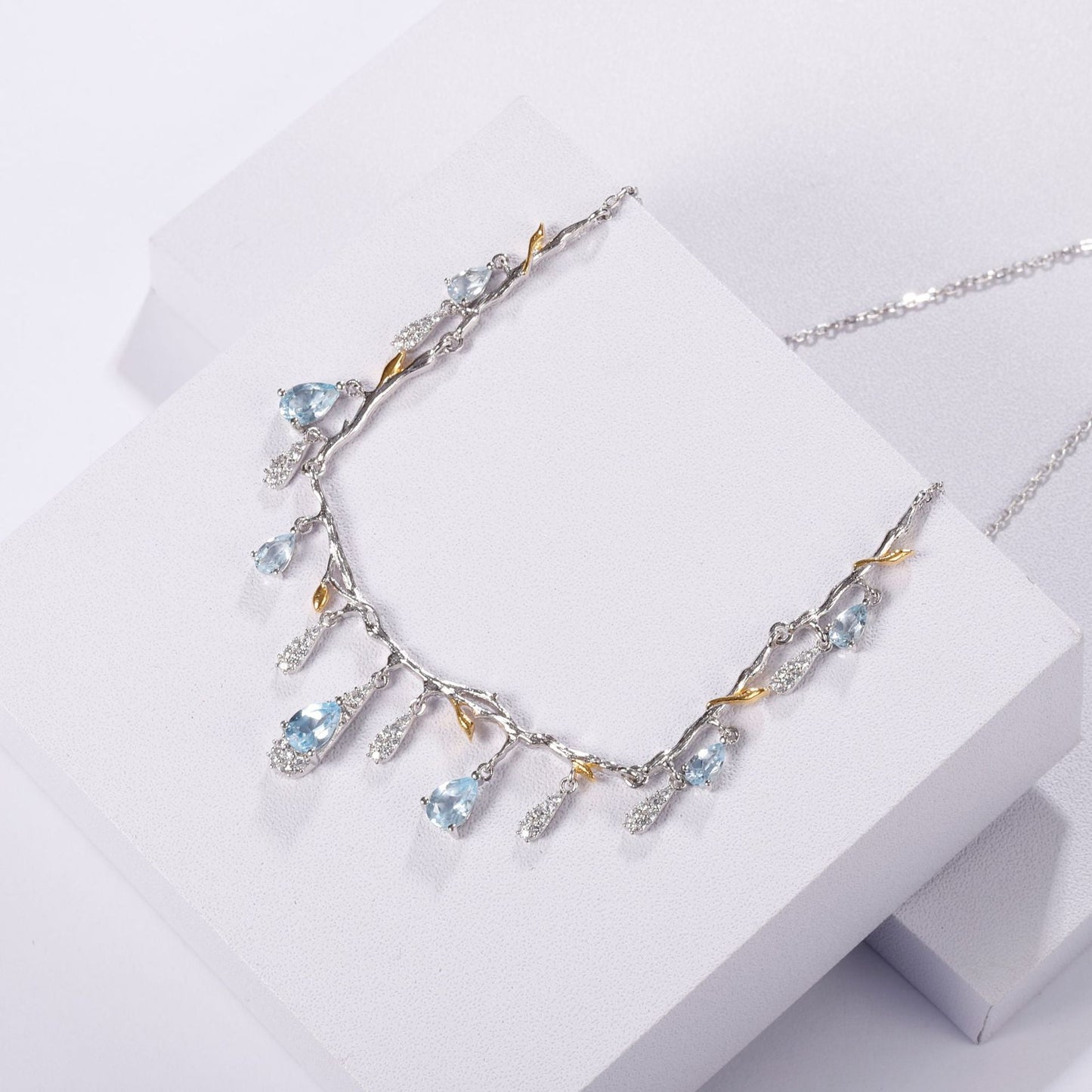 Designer! 925 Silver Natural Topaz Gemstone Flower Branch Design Necklace