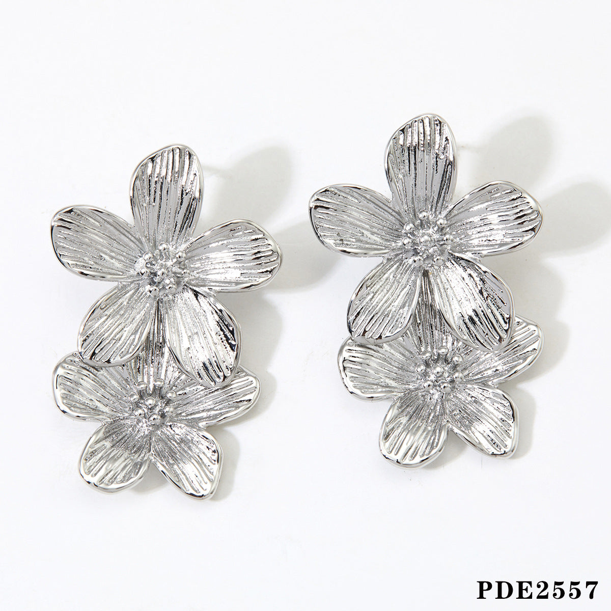 Sweet pleated flowers stainless steel necklace earrings combination