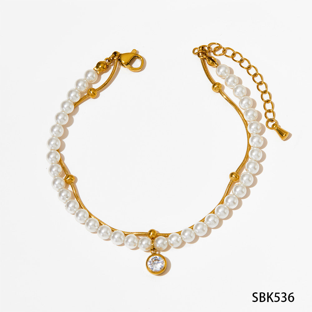 Double shell pearl zircon gold-plated necklace bracelet